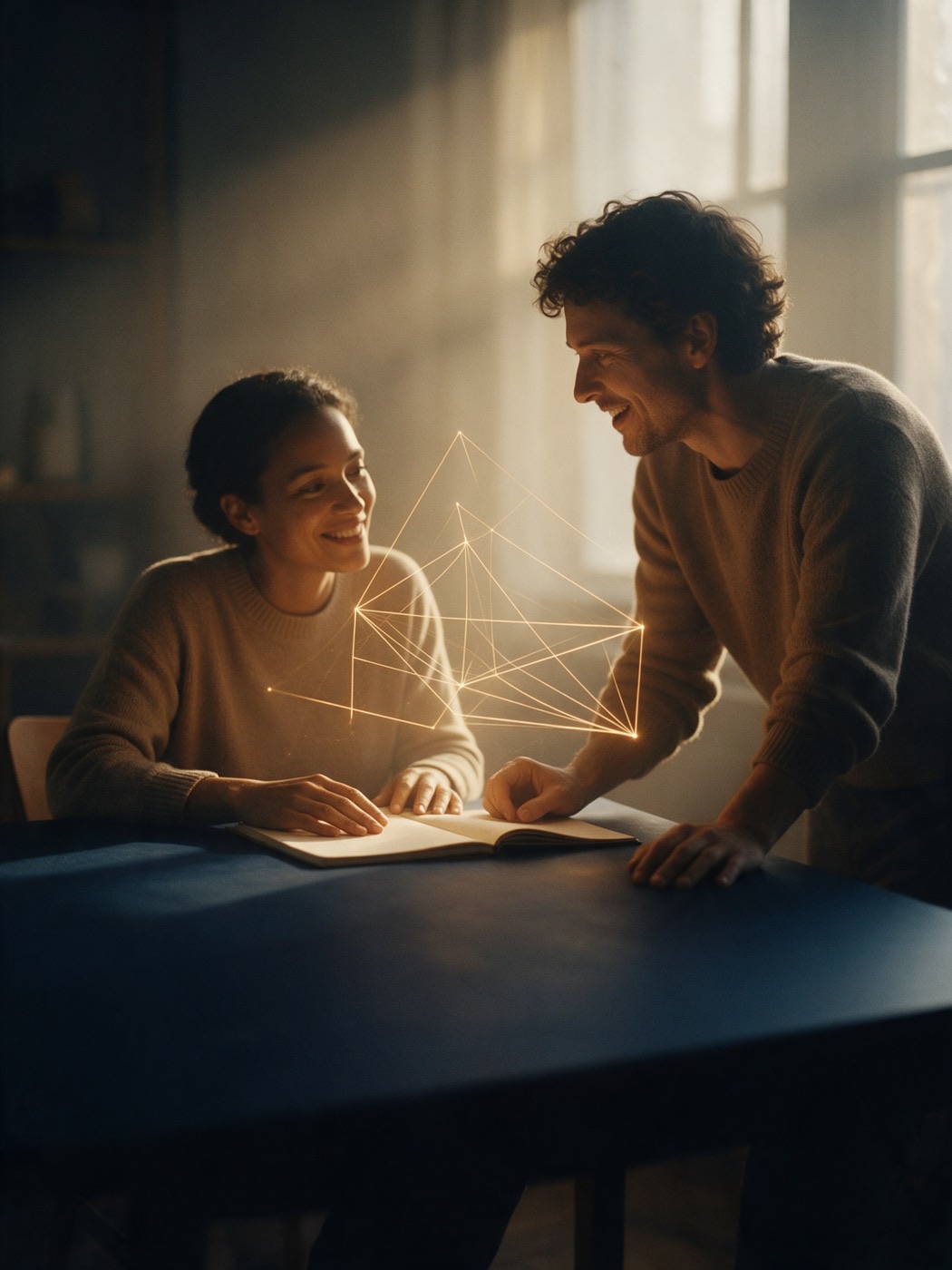 Duas pessoas conversando sobre um caderno aberto, com uma forma geométrica de luz entre elas
